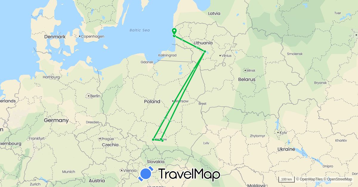 TravelMap itinerary: driving, bus in Lithuania, Poland (Europe)