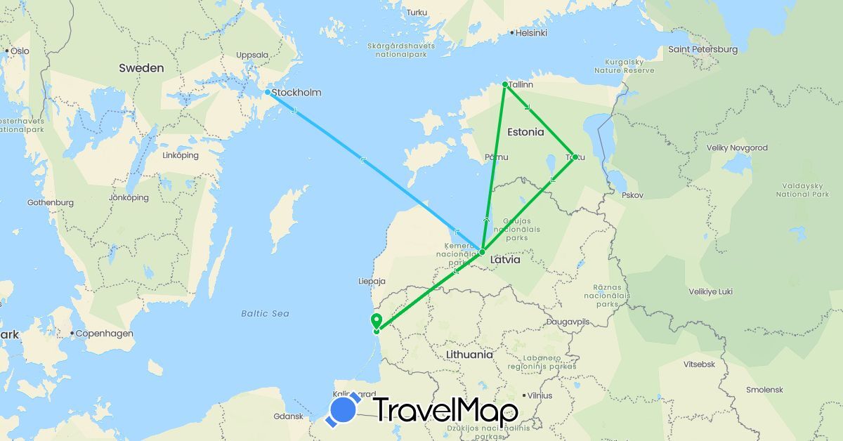TravelMap itinerary: driving, bus, boat in Estonia, Lithuania, Latvia, Sweden (Europe)