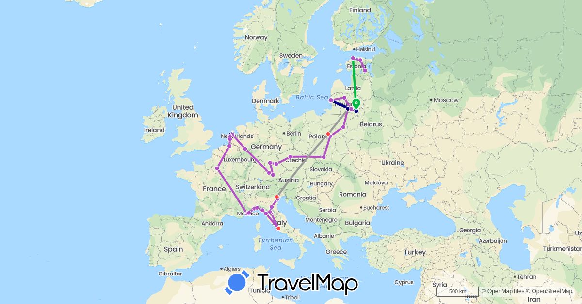TravelMap itinerary: driving, bus, plane, train, hiking in Belgium, Czech Republic, Germany, Estonia, France, Italy, Lithuania, Monaco, Netherlands, Poland, Vatican City (Europe)