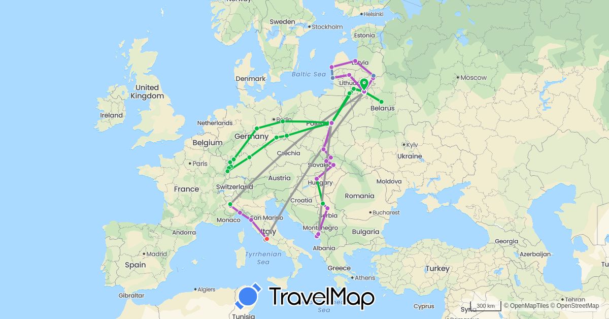 TravelMap itinerary: driving, bus, plane, cycling, train, hiking in Belarus, Germany, France, Hungary, Italy, Lithuania, Latvia, Montenegro, Poland, Serbia, Slovakia, Vatican City (Europe)