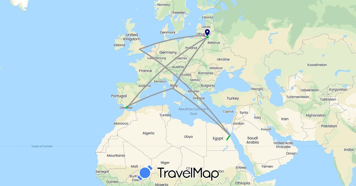 TravelMap itinerary: driving, bus, plane, train, hiking, boat in Egypt, Spain, United Kingdom, Gibraltar, Italy, Lithuania, Vatican City (Africa, Europe)